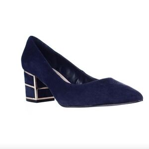Steven by Steve Madden Buena navy blue pointed toe gold cage block heels 9
